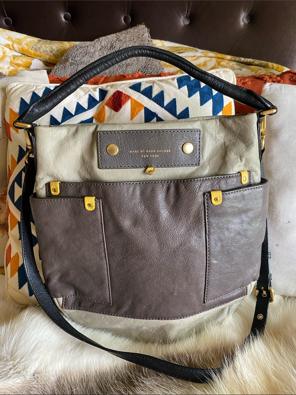 Marc by Marc Jacobs Brown, Cream and Black Two-Tone Leather Shoulder Bag